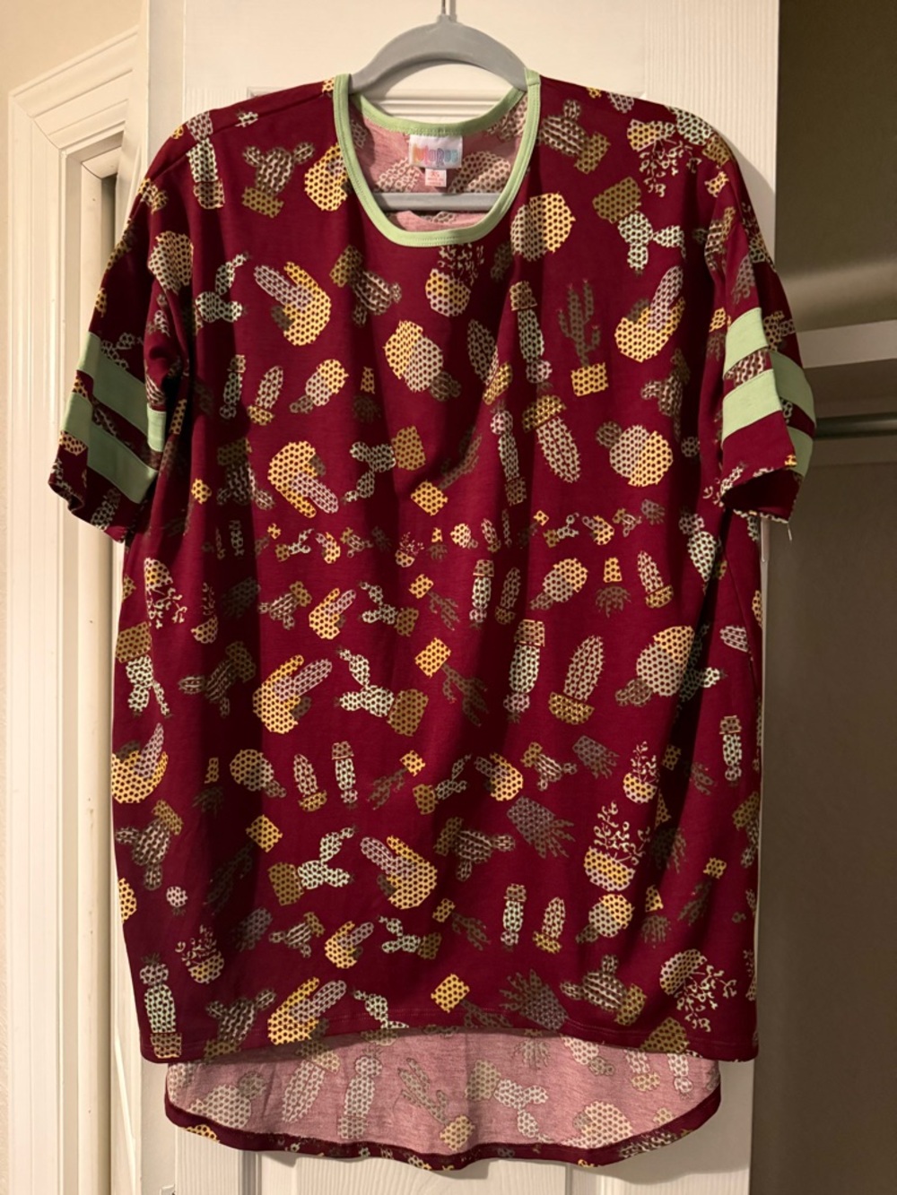 LuLaRoe Burgundy Tee with Yellow Cactus Print and Light Green Trim